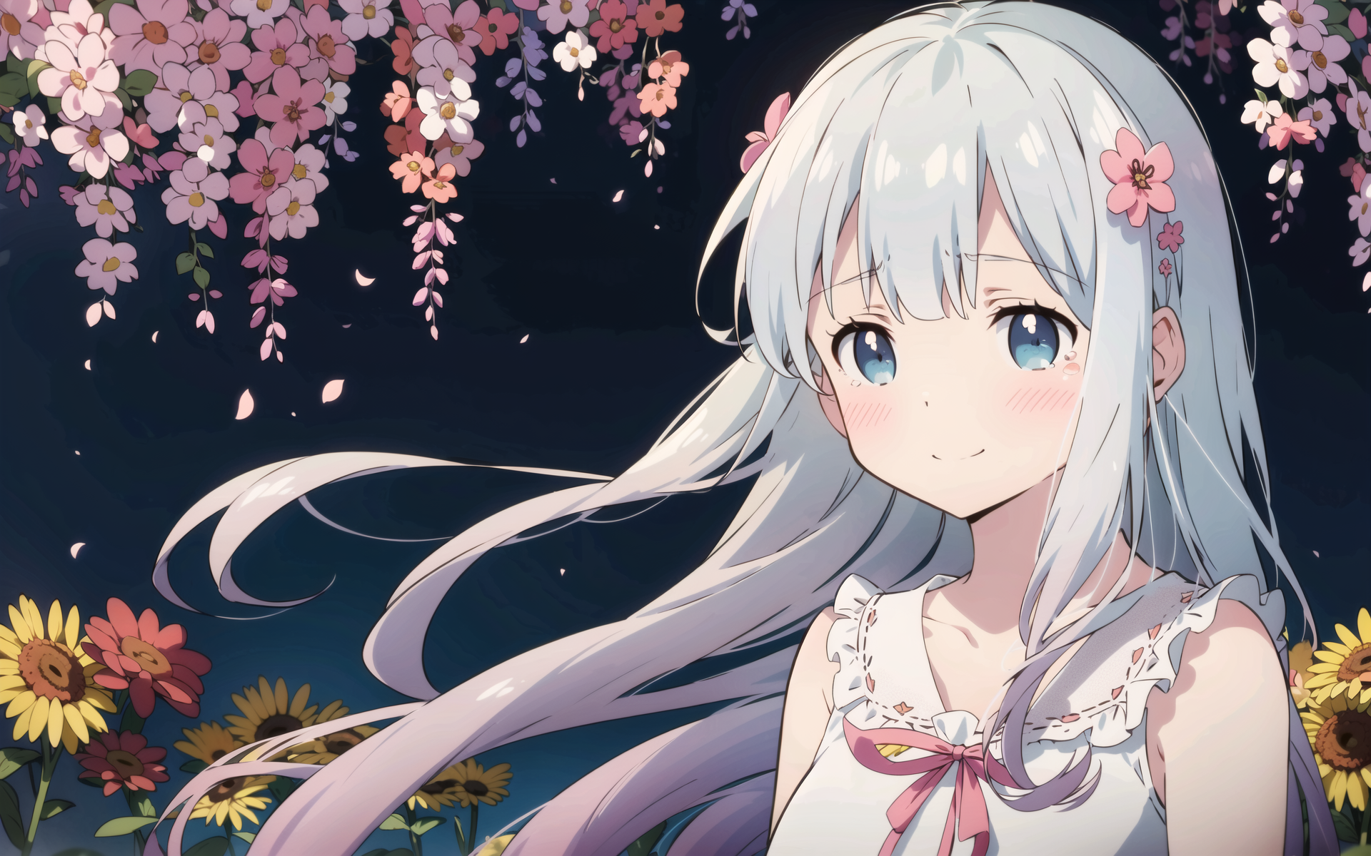 01413-2892542903-1girl,solo focus,   full body,  looking at viewer, facing viewer,  , sleeveless dress, casual, white dress,floral background,  o.png